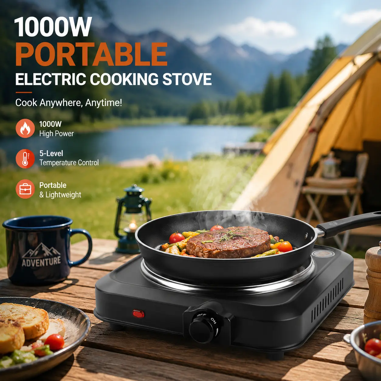 Countertop Single Cast Iron Burner 1000 Watts Electric Hot Plate with Adjustable Temperature Cooktop for Dorm, Office, Home, Camp, Compatible for All Cookwares-5381