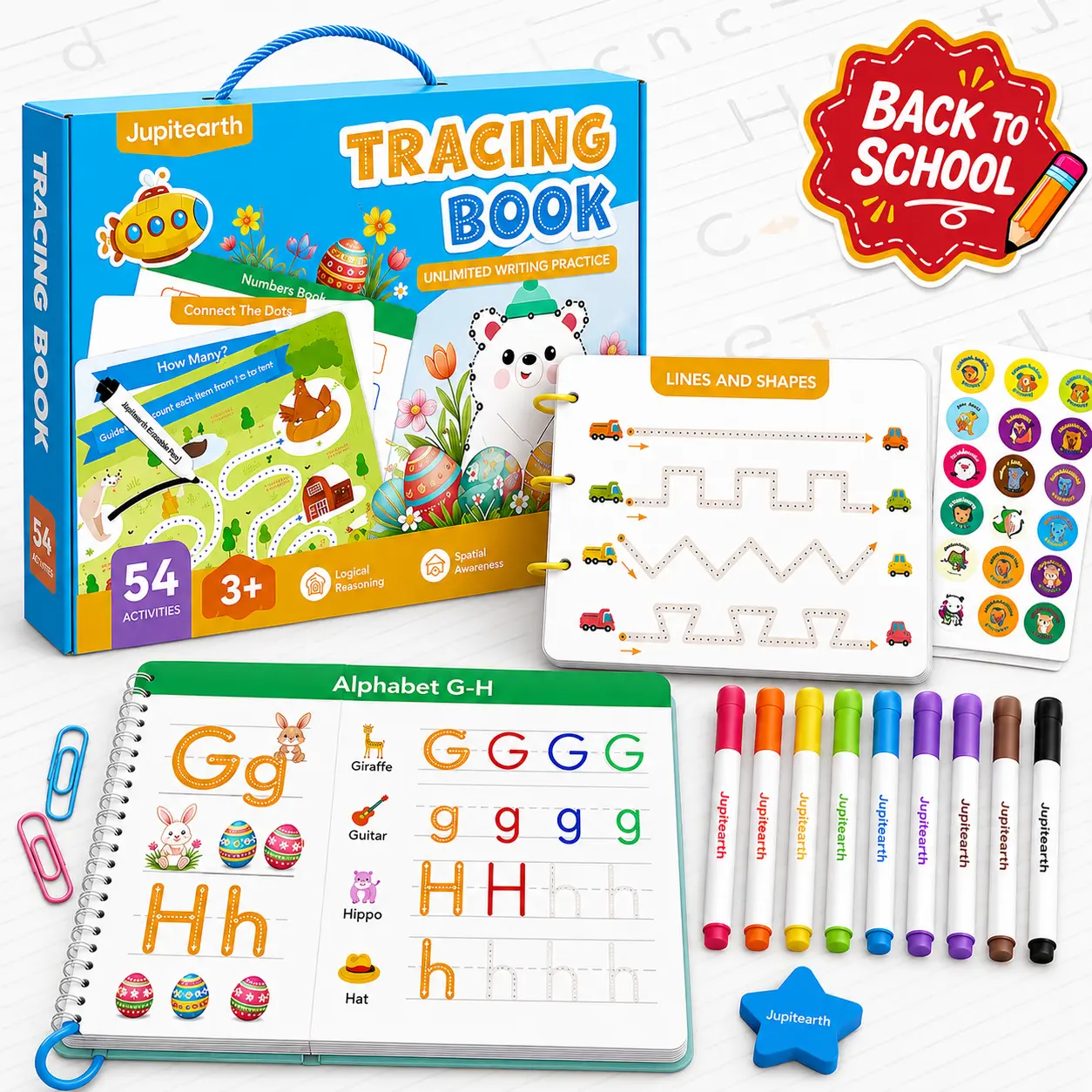 【Deals For You Days】JUPITEARTH Reusable Preschool Learning Kit, Kids Handwriting Workbook, Early Elementary School Supplies, 54 Fun Practice Pages, 6 Loose-Leaf Rings, Math-Words-Drawing Activities, Great Gift, Teaching Supplies, Classroom Supplies