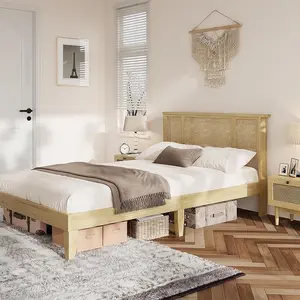 Bed Frame with Natural Rattan Headboard, Metal Platform and Strong Wooden Slats Support, Boho Cane Mattress Foundation, No Box Spring Needed, Stylish & Sturdy Bedroom Furniture