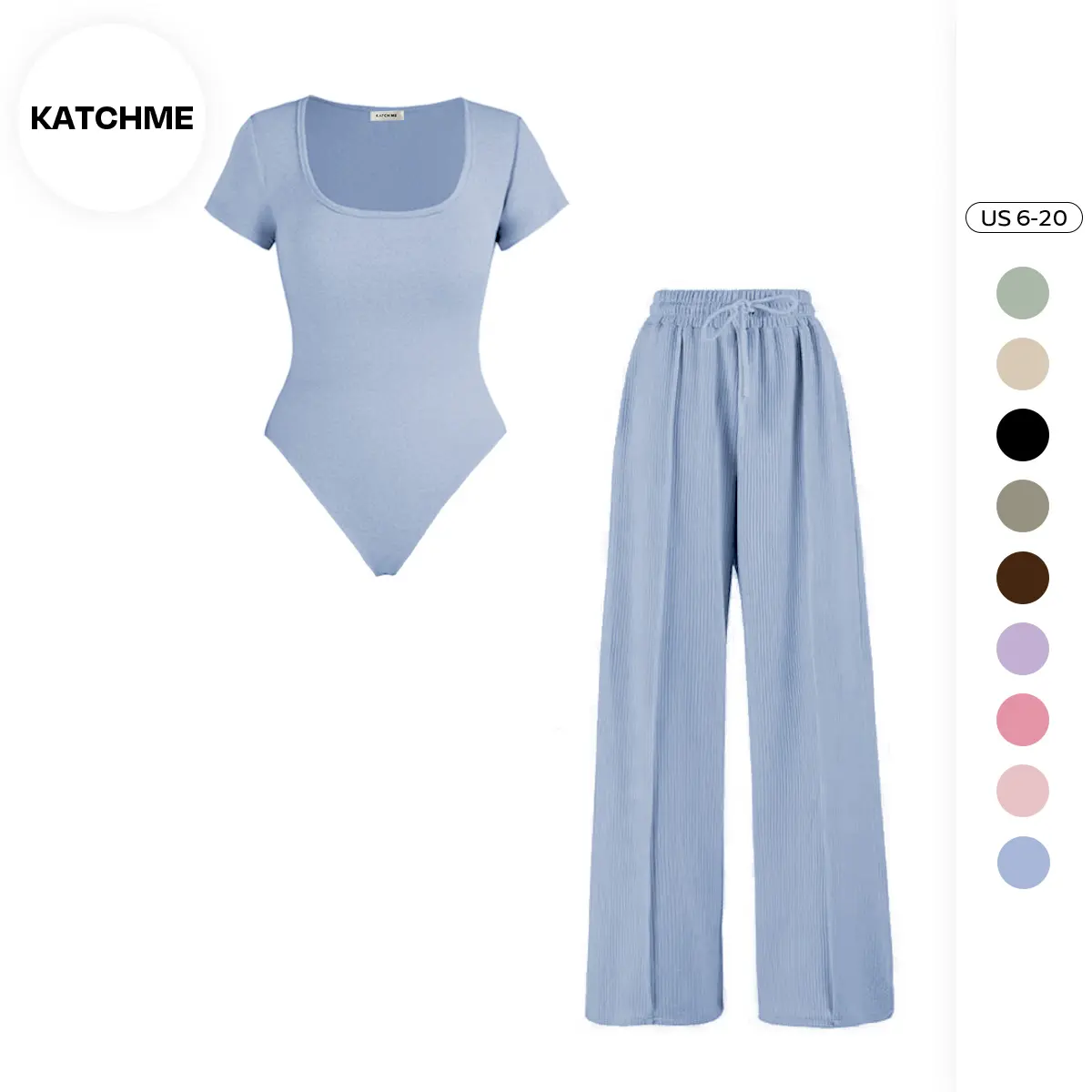 Katch Me Chic Women's Minimalist Square Neck Bodysuit & High Waist Wide Leg Trousers Co-ord, Shapewear Bodysuit, Summer Two-Piece Outfit Womenswear
