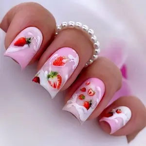 24pcs Press-On Nails Set Includes Jelly Glue & File, Long Square Strawberry Milk Color Fake Nails,Sweet Cream Splash DesignShape
