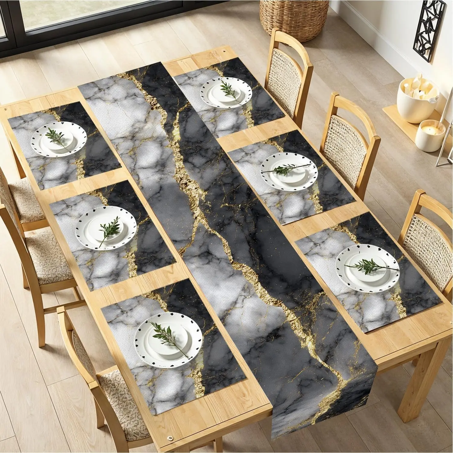 2D flat printing, 1/2/4/6/8 pieces, 5/7 pieces set marble tablecloth, placemat, Dining table mats, black and white marble with gold vein design, dining table decoration, dressing table scarf, daily desktop decoration, Table placemats
