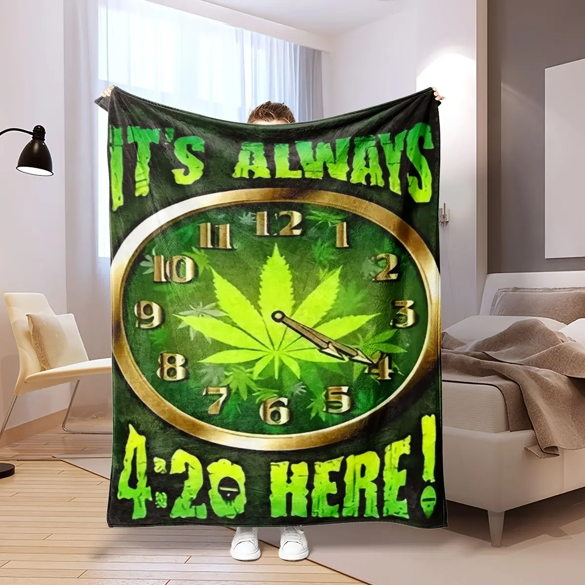 Contemporary Leaf & Clock Design Flannel Throw Blanket - Green & Black Digital Print with "IT'S ALWAYS 4:20 HERE!" Text, Machine Washable All-Season Soft Warmth for Home, Office, or Cozy Leg Cover, 4:20 PM Theme Novelty Gift for Culture Fans, Weed Plushie