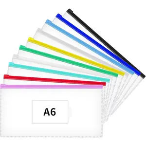10 count Poly Zip Envelope, A6 Size (9 x 4.7in) Plastic Zipper Pouches with Label Pocket, 10 Colors,  Clear Pencil Bags for Office Supplies