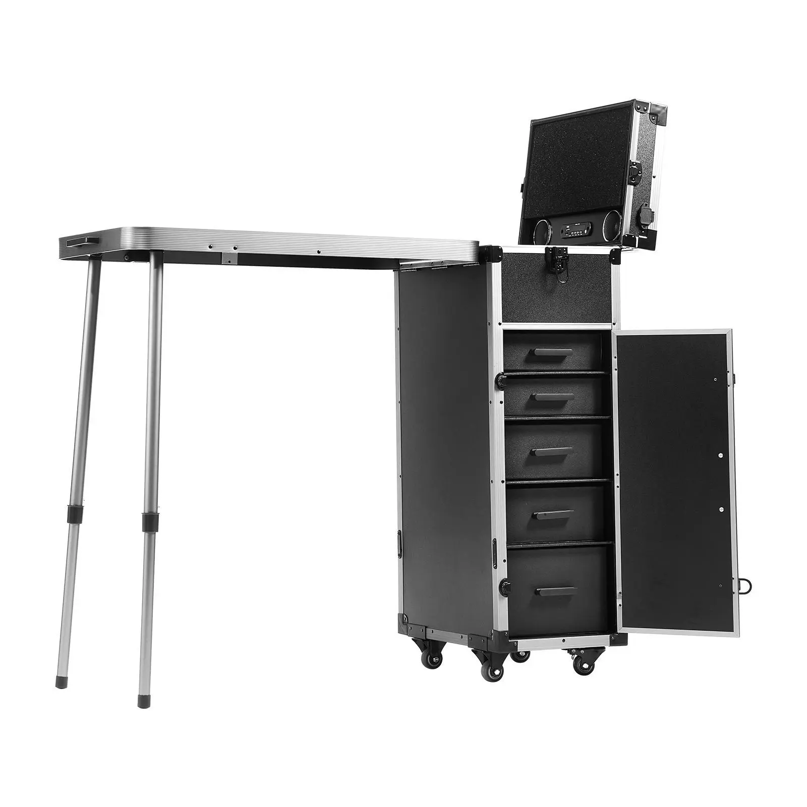 【FathersDayGift】VEVOR Professional Makeup Train Case Aluminum Cosmetic Case,  , Workbench With Supporting Legs, Rolling Makeup Case Extra Large Trolley Makeup Travel Organizer, with 360° Swivel Wheels, Black