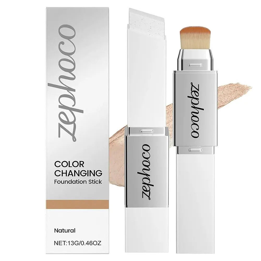 Color Changing Foundation Stick - 2-in-1 Dual-Ended with Built-in Brush, Hydrating Concealer Base Makeup with Hydration Boost, Lightweight Buildable Coverage, Smooth Blendable Finish, Volufiline-Infused, Daily Wear Stick Form Cosmetic for Travel