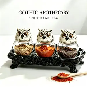 Whimsical Owl Spice Jars 3-Piece Set with Tray – Vintage Cottagecore Glass Containers with Ceramic Owl Lids for Sugar, Salt, Tea & Spices, Charming Kitchen Decor