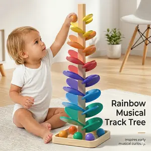 Montessori Wooden Rainbow Music Tree Toy with 10 Pcs 3cm Large Marbles Included, Premium Birch Educational Marble Run Ball Drop for Toddlers, Eco-Friendly Sensory Learning Toy Gift