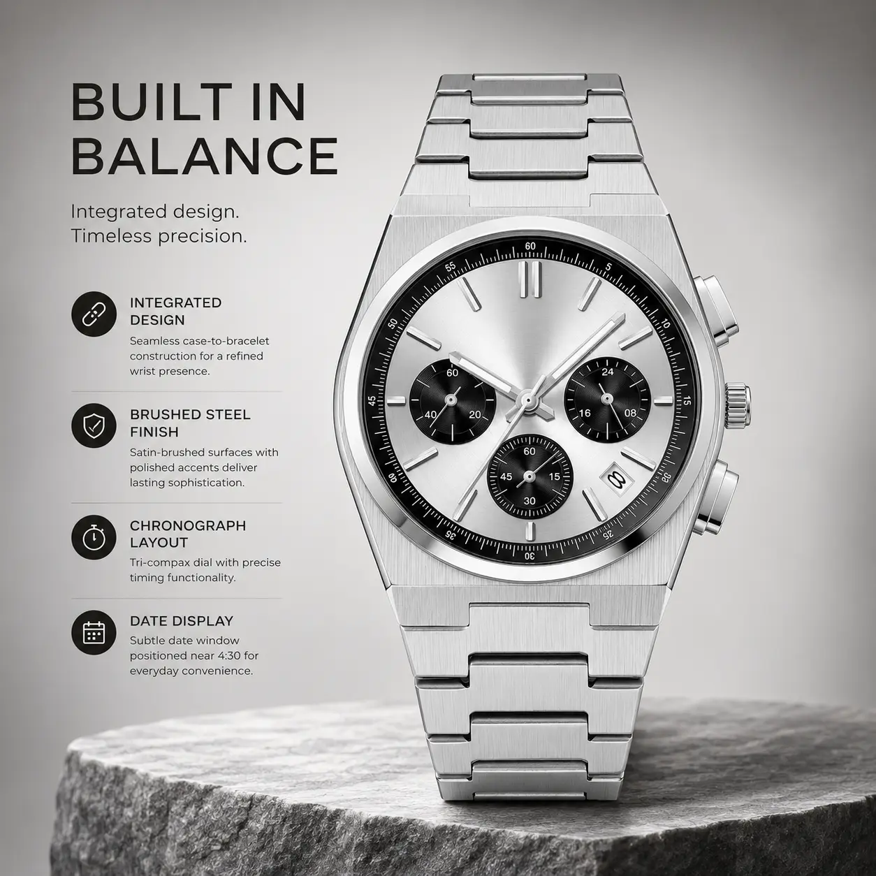 Casual Business Wristwatch for Men, Classic Stainless Steel Analog Chronograph with a Quartz Dial and Calendar, Daily Wear, Watches, Easy To Use Quartz Watches, Business Look, Date Display, 30M - 50M, Clasp, Date Chronograph Watch, Male Watch