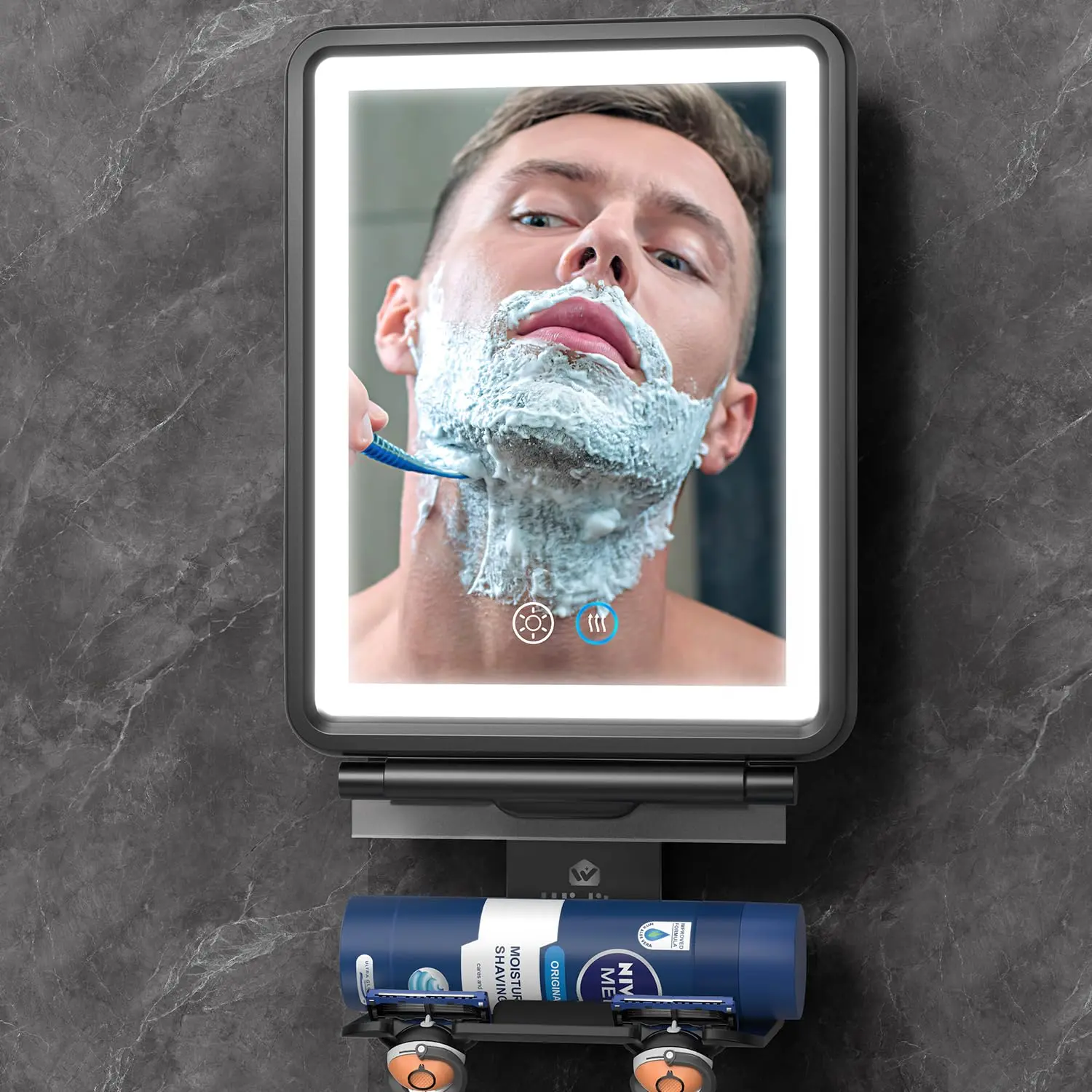 Heated Shower Mirror Fogless For Shaving  3 Color Dimmable Lights Rechargeable Anti-fog With Holder Storage Tray Squeegee