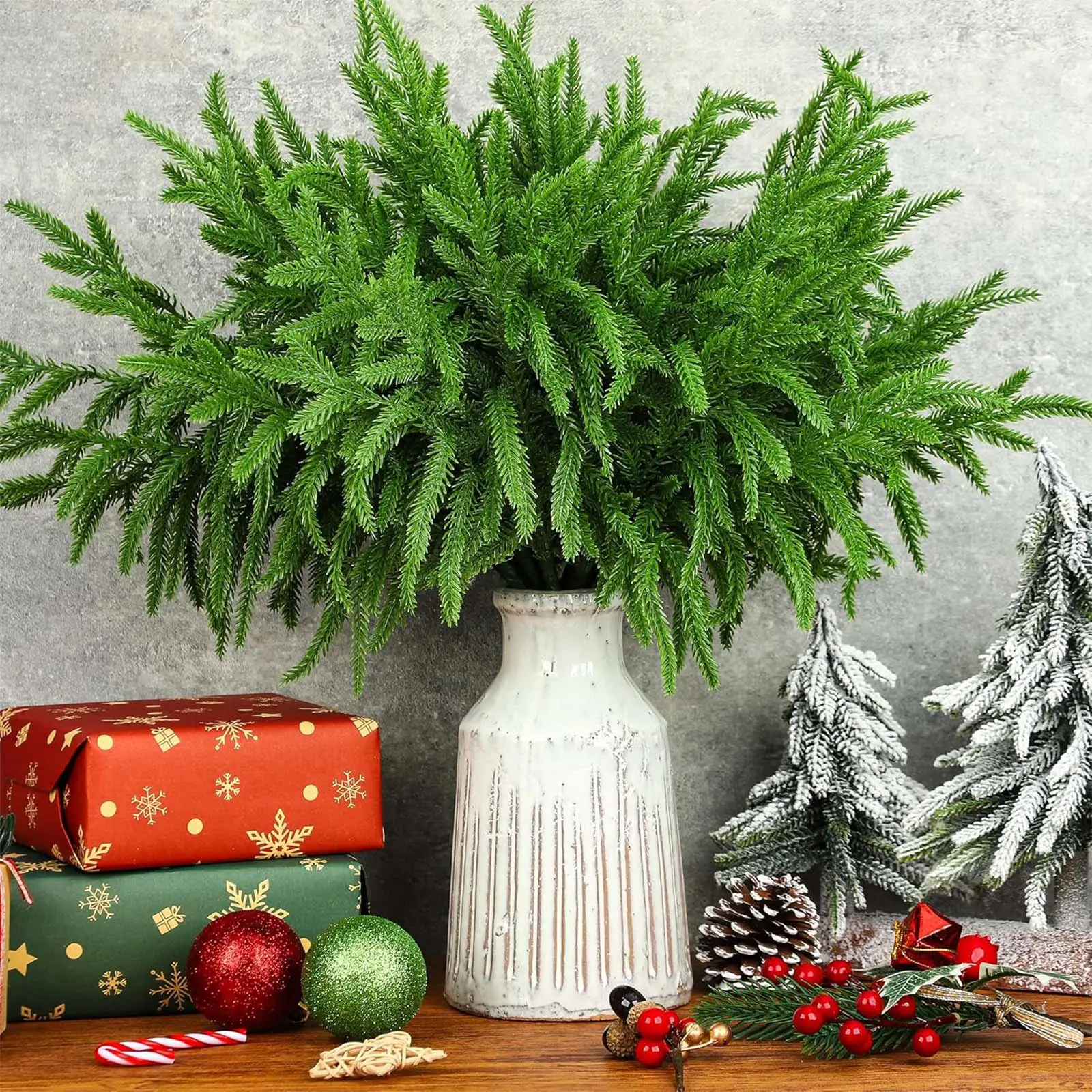Real Touch Christmas Cedar Stems,18 Inches Artificial Cedar Pine Branches Fake Greenery Plants Stem Pine Picks for Vase Filler DIY Garland Wreath Xmas Indoor Outdoor Decorations