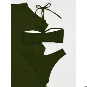 AndRuffleHemMeshBeachPantsSexyCasualVacationPartyHolidaySwimwear SummerGreenHalterTieBackTop Slaydiva3pcs / SetNewSpring TriangleBikiniBottoms BeachOutfitForWomen