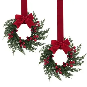 2-Pack Artificial Christmas Wreaths, 10-Inch Winter Wreath with Berries and Velvet Bow, Front Door Holiday Porch Wall Decor