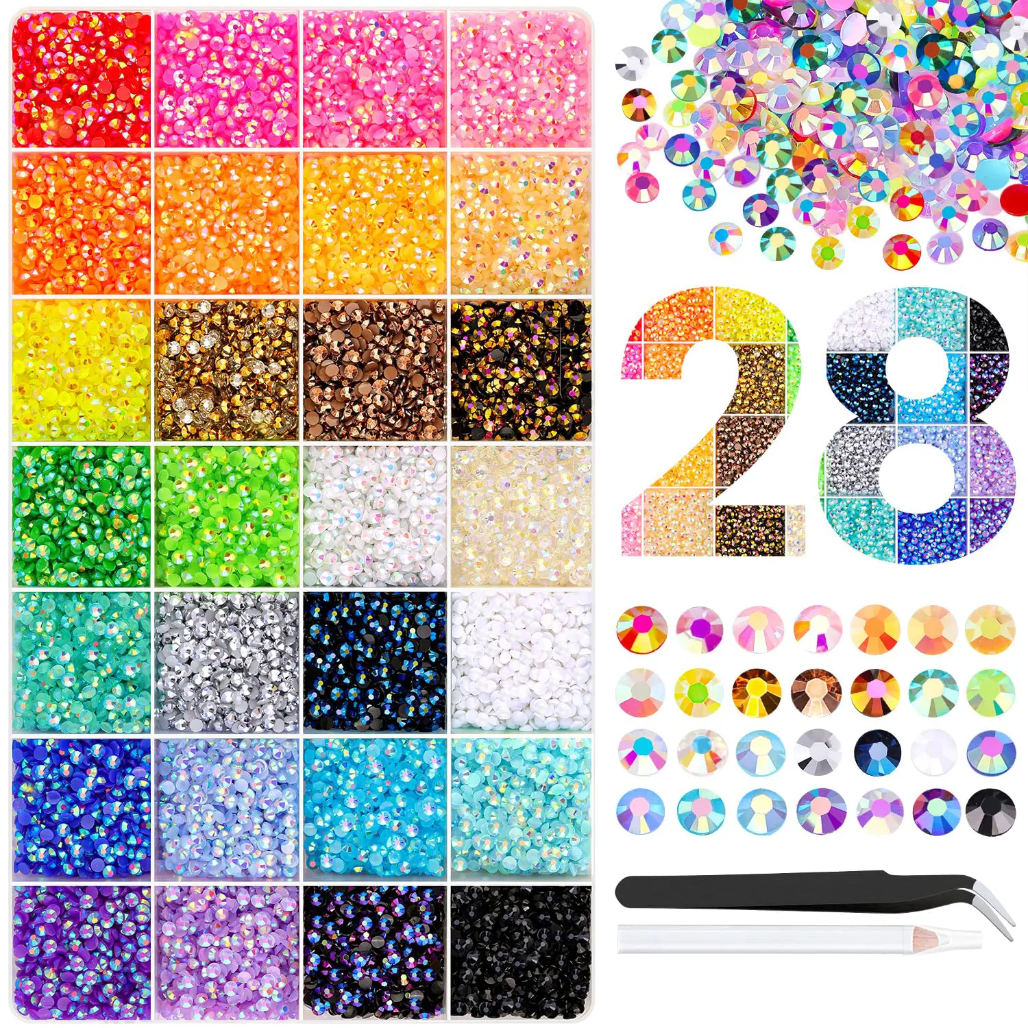 34000Pcs Resin Rhinestones with Tweezers for Bedazzling, Multicolor 3mm Crystal with Gifted Tools for Bedazzled Nail Art Crafting Makeup