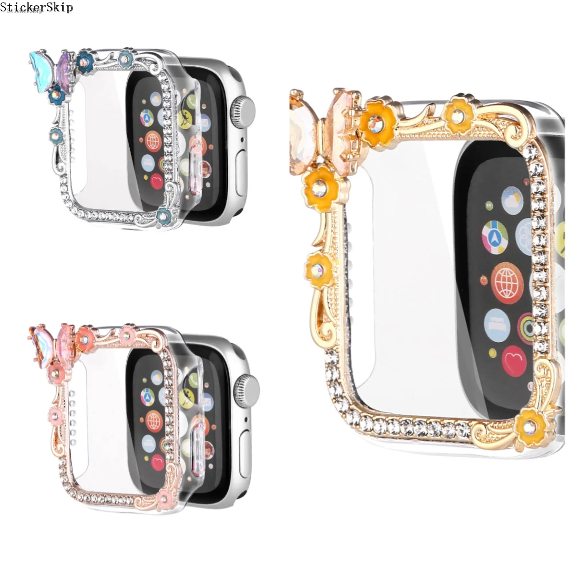 OEM 2026NEWLuxury Rhinestone Butterfly Flower Case Compatible for Apple Watch Ultra/9/8/7/6/SE Case Suitable for iWatch 41mm 46mm 49mm Cover, Transparent PC Hard Case with Rhinestone Case for, Scratchproof Cover