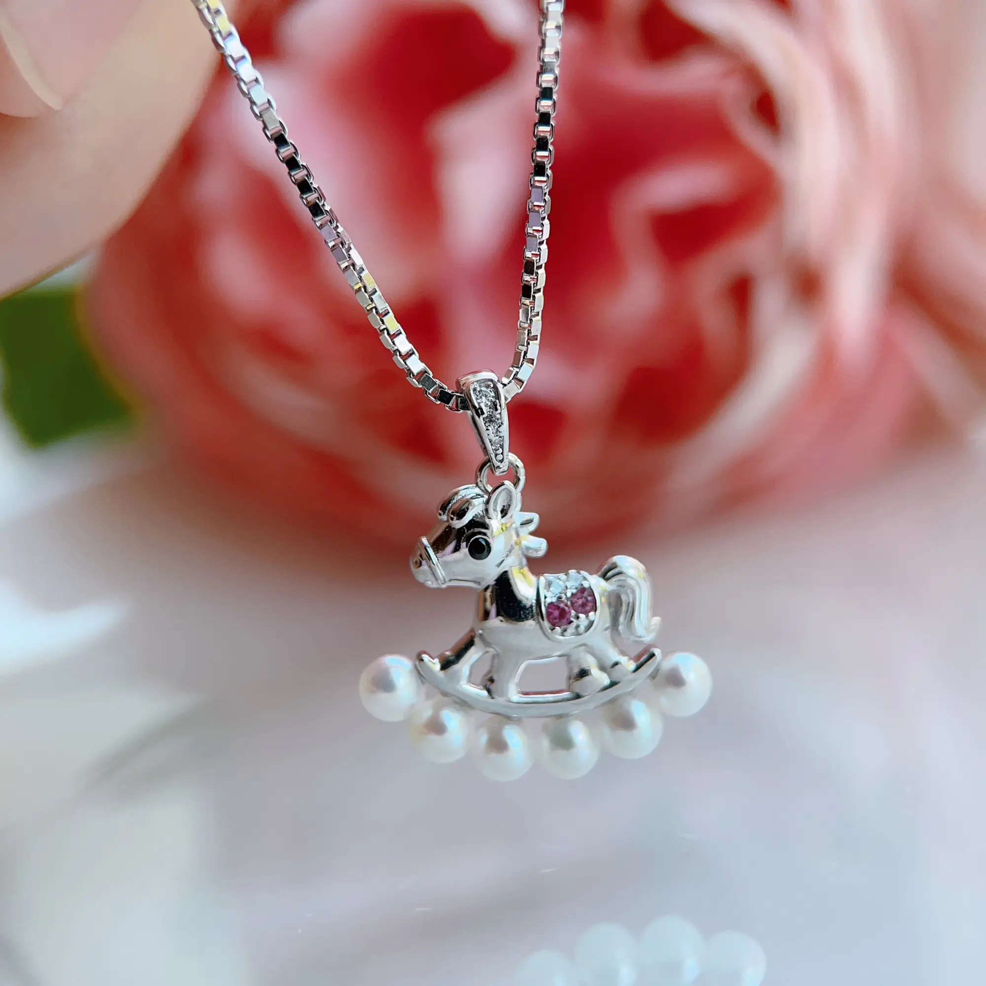 Piswency Genuine Akoya Baby Pearl Horse Pendant Necklace, Saltwater Pearl 925 Sterling Silver Box Chain, Jewelry Gift for Her