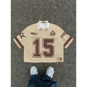 (Gold promotion)Manfinity ZONE917 Men's Casual Sports Button Number Print Short Sleeve Cropped Shirt Men's Cropped Jersey Tops