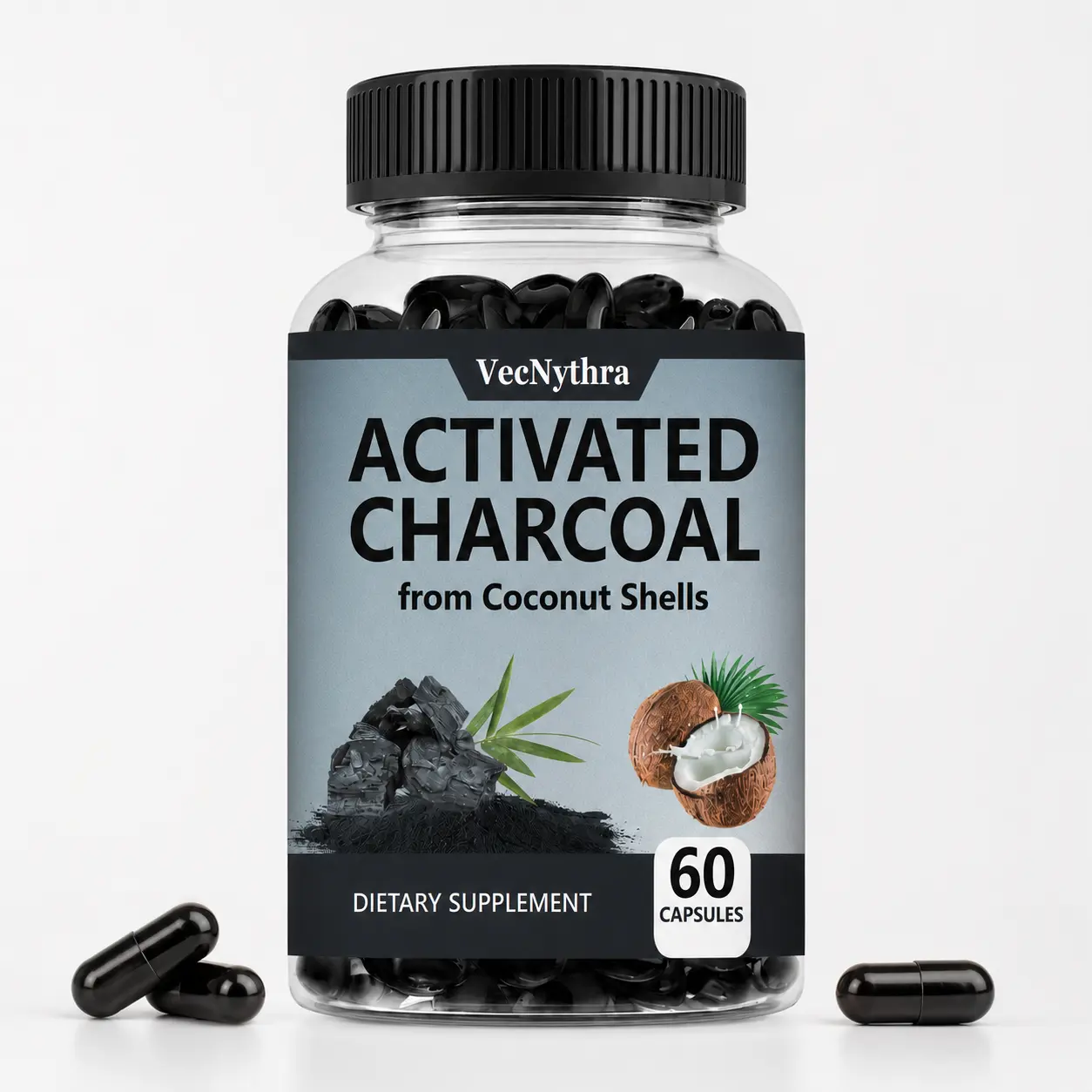 VecNythra Activated Charcoal Pills | 200 mg | Activated Charcoa l from Coconut Shells | Digestive Health Support l 60 Capsules
