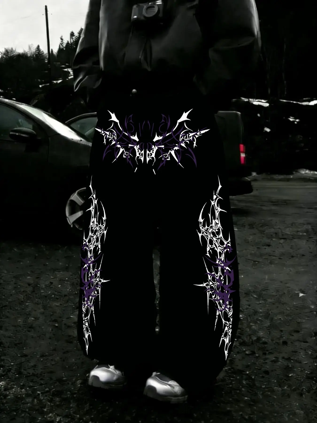 Men's Thorn Symmetry Loose Baggy Wide Leg Adjustable Drawstring Pants, Death Metal Print, Soft Cotton Blend, Y2K Grunge Style, Casual Streetwear, Drawstring Waist, All Seasons Trousers