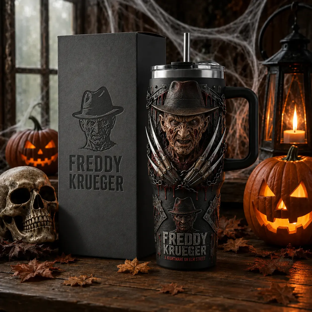 OceanSip4U Freddy Krueger A Nightmare on Elm Street 40oz Stainless Steel Tumbler with Handle, Vacuum Insulated Travel Mug, Horror Movie Slasher Cup, Halloween Tumbler, Gift for Horror Fans