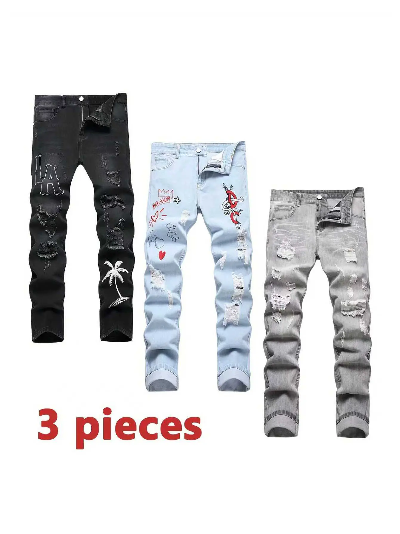 Men's 3-Pack Ripped Denim Jeans - Skinny Fit, Distressed, Aesthetic Ankle Length, Casual Slim Trousers, Embroidered, Breathable, 90S Grunge Streetwear, Machine Washable Menswear (Father's Day Gift) in Black, Blue, Grey