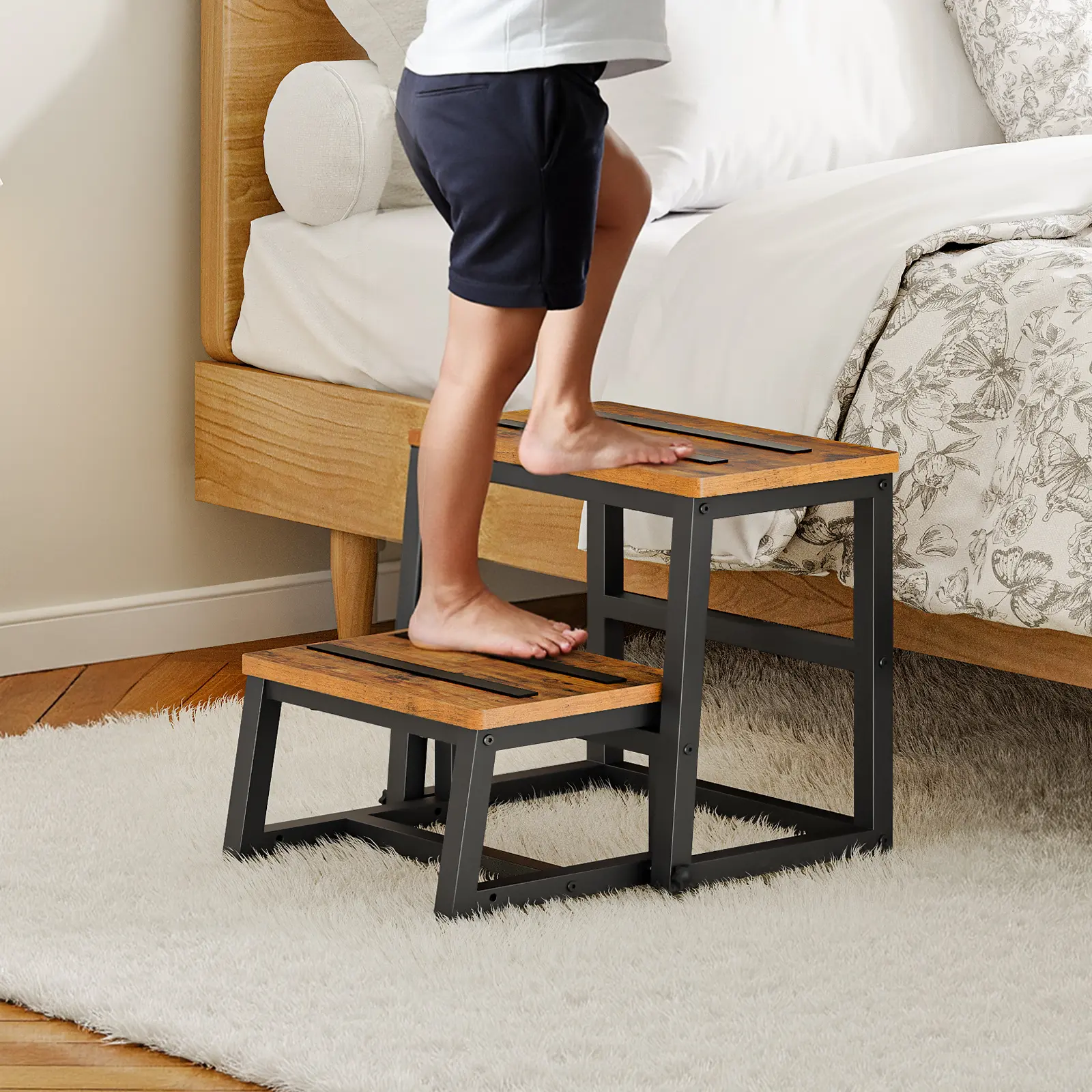 HOOBRO Step Stools for Adults & Kids, 3-in-1 2-tier step stools, Stepping Stools for Kitchen/Bathroom, Foot Stools for High Beds, Metal Frame with Anti-Slip Pads, Rustic Brown and Black