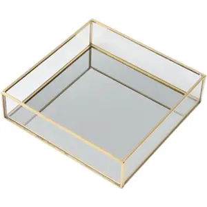 Square Vintage Gold Mirror Glass Vanity Tray,Ornate Geometric and Brass Plated Display Storage Organizer for Makeup Brushes/Lipstick/Skincare/Perfumes/Beauty Room/Bathroom Accessories