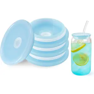 Joyclub 4 Pack Acrylic Lids for 16 oz Glass Cups with Bamboo Lids and Straws Reusable Iced Coffee Cup Beer Can Drinking Glasses for Smoothie Whiskey Boba Soda Tea Gift (Blue)