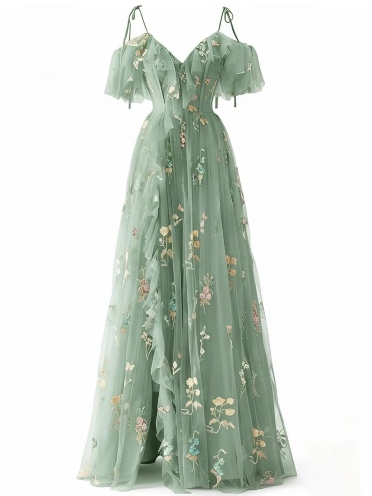 Green 1970s Slip Floral Embroidered Mesh Slit Dress Homecoming Dress Party Prom Dress