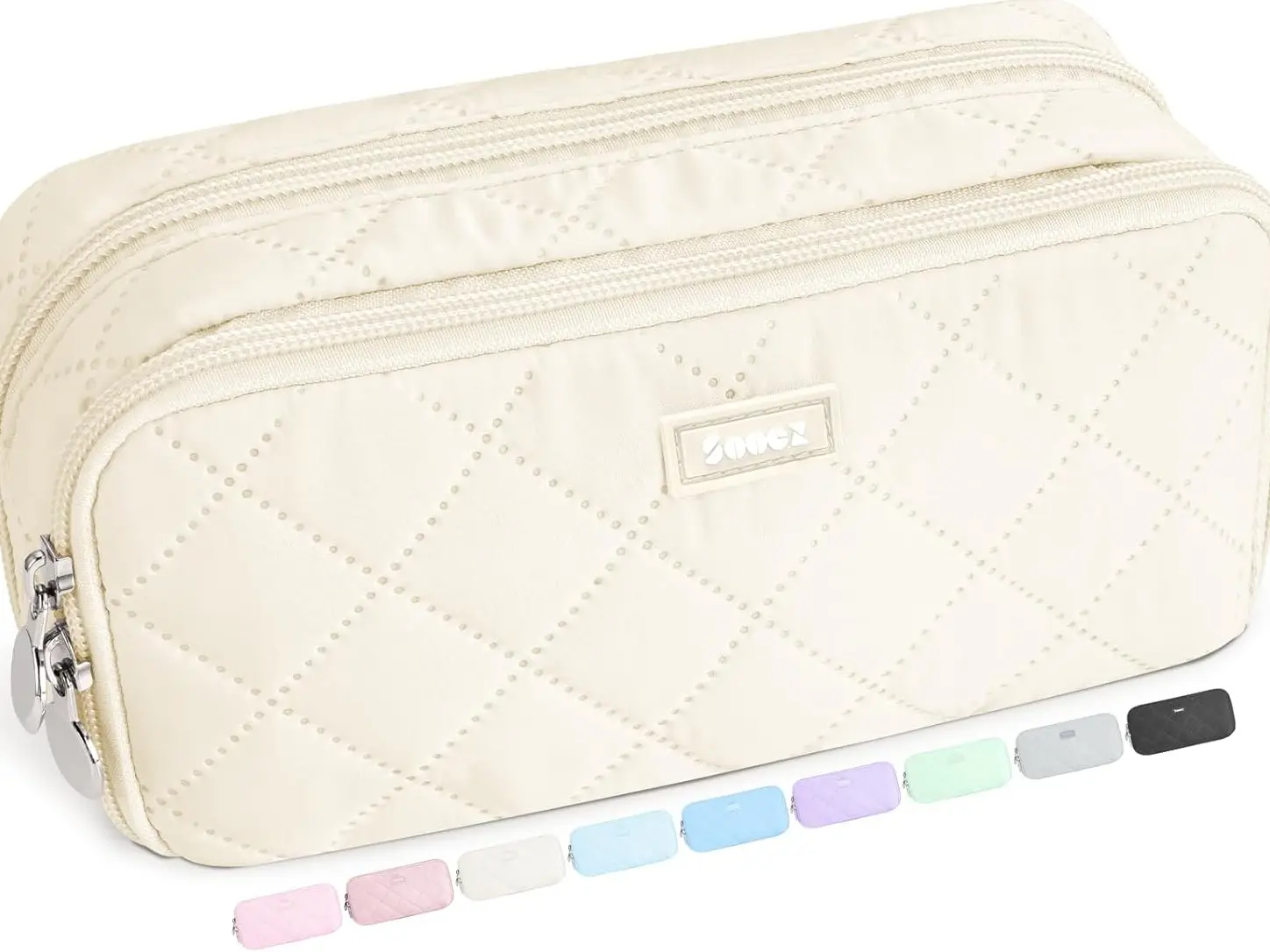 Sooez Large 8-Compartment Quilted Pencil Case, Wide-Opening Zippered Soft Organizer Pouch, Portable Office Stationery Bag for Teen Girls, Beige