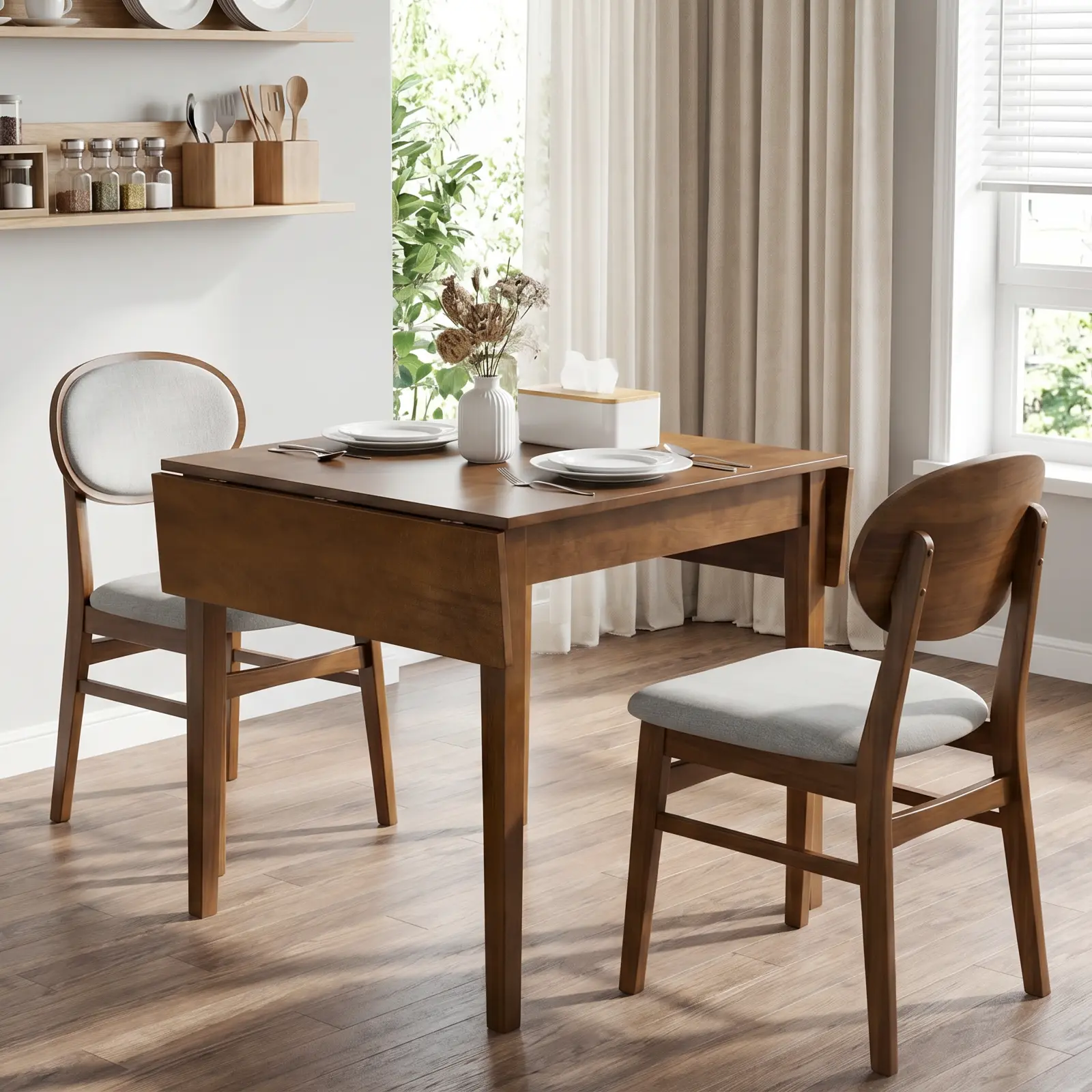 Extendable Drop Leaf Dining Table, Seats 4, Folds from 31.5 to 47.2 Inches, Solid Wood Legs, MDF with Birch Veneer, Walnut Finish, Farmhouse Style for Small Spaces
