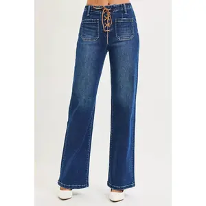 RISEN Full Size High Rise Wide Leg Jeans with Front Tie Detail Plus Size