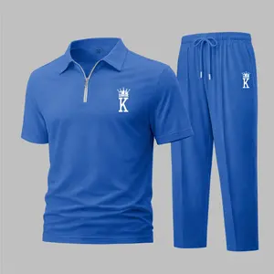 Men's King Print Waffle-Knit Polo Shirt Set, Short-Sleeve Zip-Up Collar Top with Matching Athletic Trousers, Casual Sportswear Outfit
