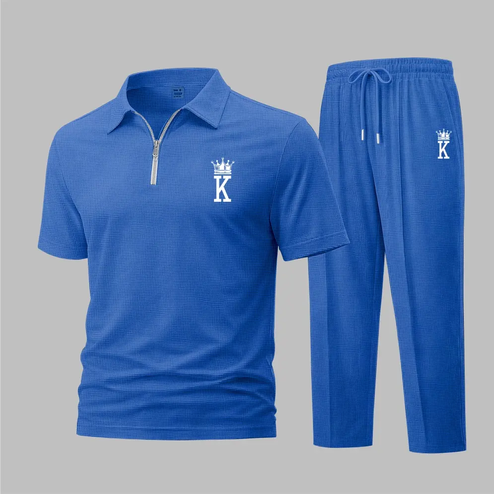 Men's 2-Piece King Print Waffle-Knit Polo Shirt Set - Short-Sleeve Zip-Up Collar Top, Matching Athletic Trousers, Casual Athleisure Wear Athletic Outfits, Leisure Sports Suit, Joggers Shirt Combo
