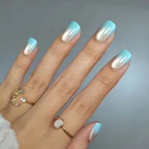 Curvlife short squoval striped Press On Nails blue glossy shiny ombre Easy Apply Nail Art