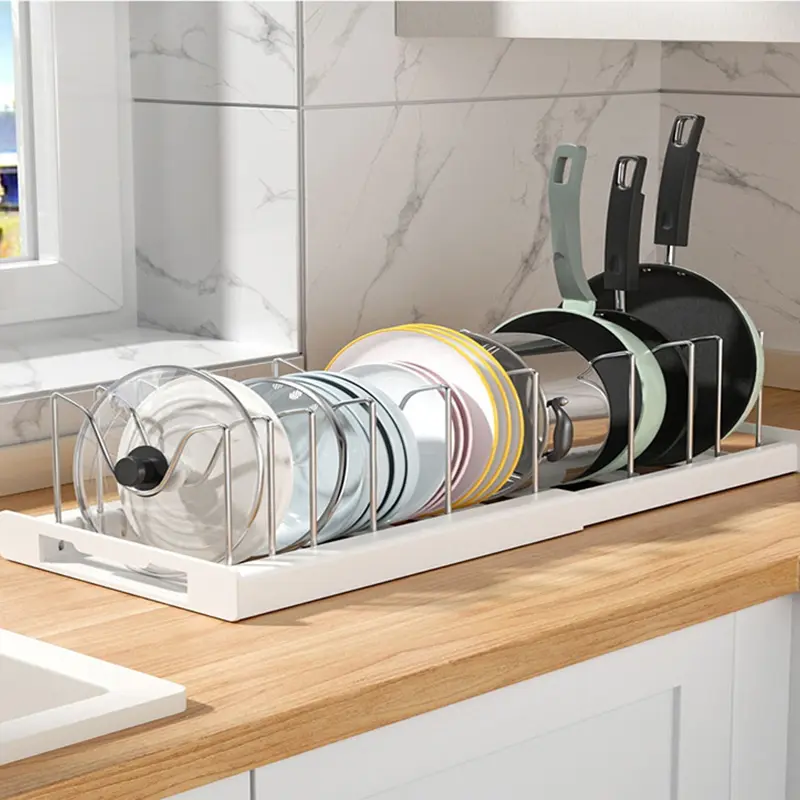 Stretchable Expandable Pot and Pan Organizer Rack for Kitchen Cabinets, Pot Lid Holder for Storage, White Kitchenware with Home Exercise Equipment Functionality