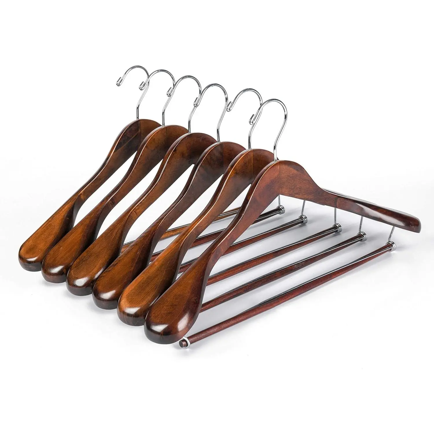 Luxury wide shoulder wooden hangers 6 pack, with locking bar, smooth retro finish wood suit hanger coat hanger for closet, holds up to 20lbs, 360° swivel hook, for jacket, dress heavy clothes hangers