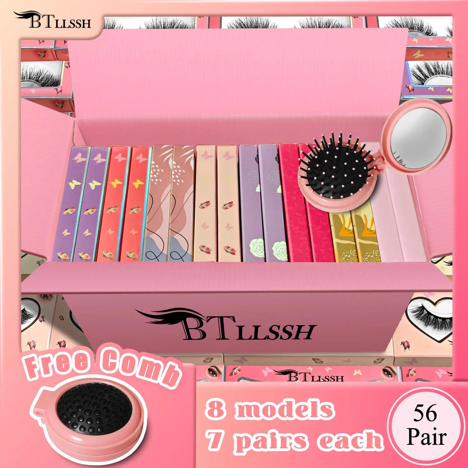 Cat Eye False Eyelashes with Box, 56 Pairs Natural Curling Volumized False Eyelashes with Comb, Lengthening Volumizing False Eyelashes for Women and Girls, Makeup, Wispy Lashes Kit, Eyelashes Set