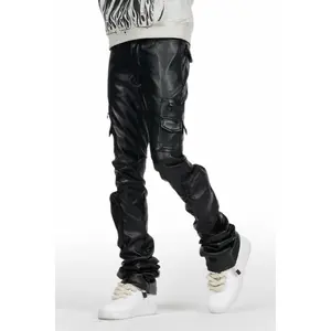 Sutton Jet Black PU Super Stacked Flare Jean