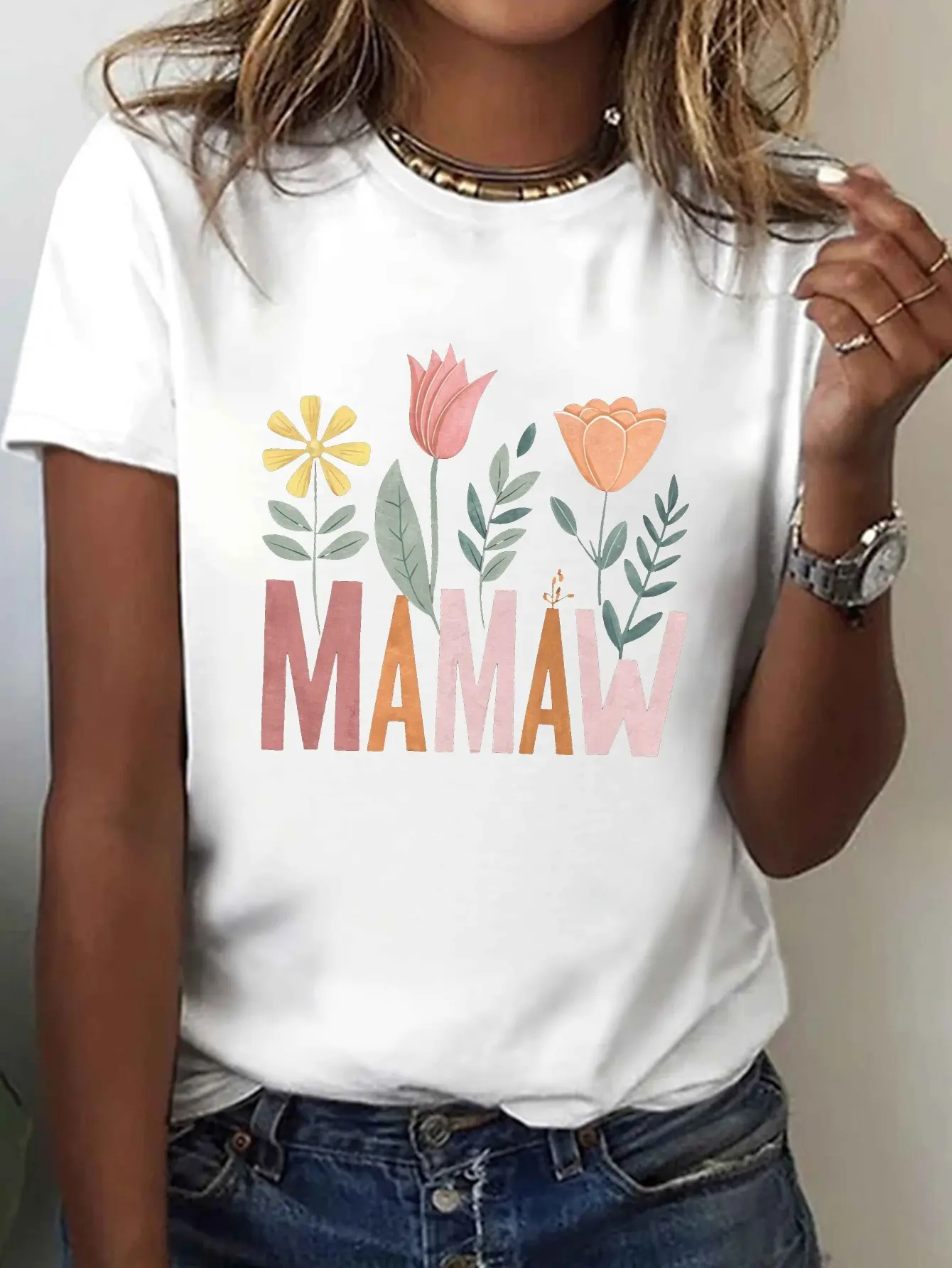 MAMAW Women's Floral  Geometric Print T-Shirt - Sh unisex soft cotton short sleeve t shirt, vintage graphic casual tee for men women teens, perfect birthday holiday gift for camping travel gym daily street casual wear