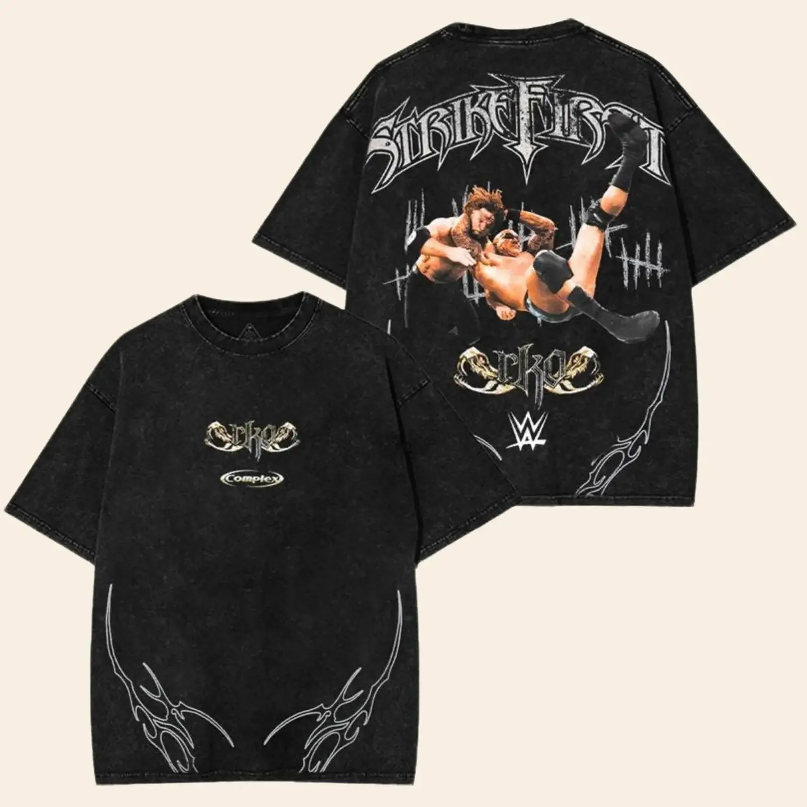 Vintage WWE RKO Strike First Wrestling T-Shirt for Men Women | Oversized Acid Wash Graphic Tee | 2000s Retro Streetwear Unisex Black Fashion Top casual cotton shirt wwe fan