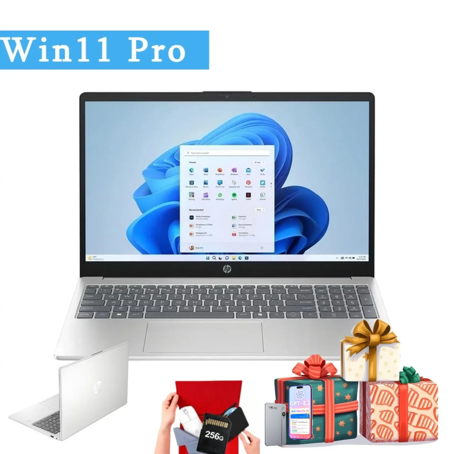 HP 15.6" Laptop - Intel i3-N305 CPU, Up to 32GB RAM, 512GB SSD, Win11 Pro, Cordless, Built-in Li-ion Batteries, Accessory Bundle, Silver (for Students)
