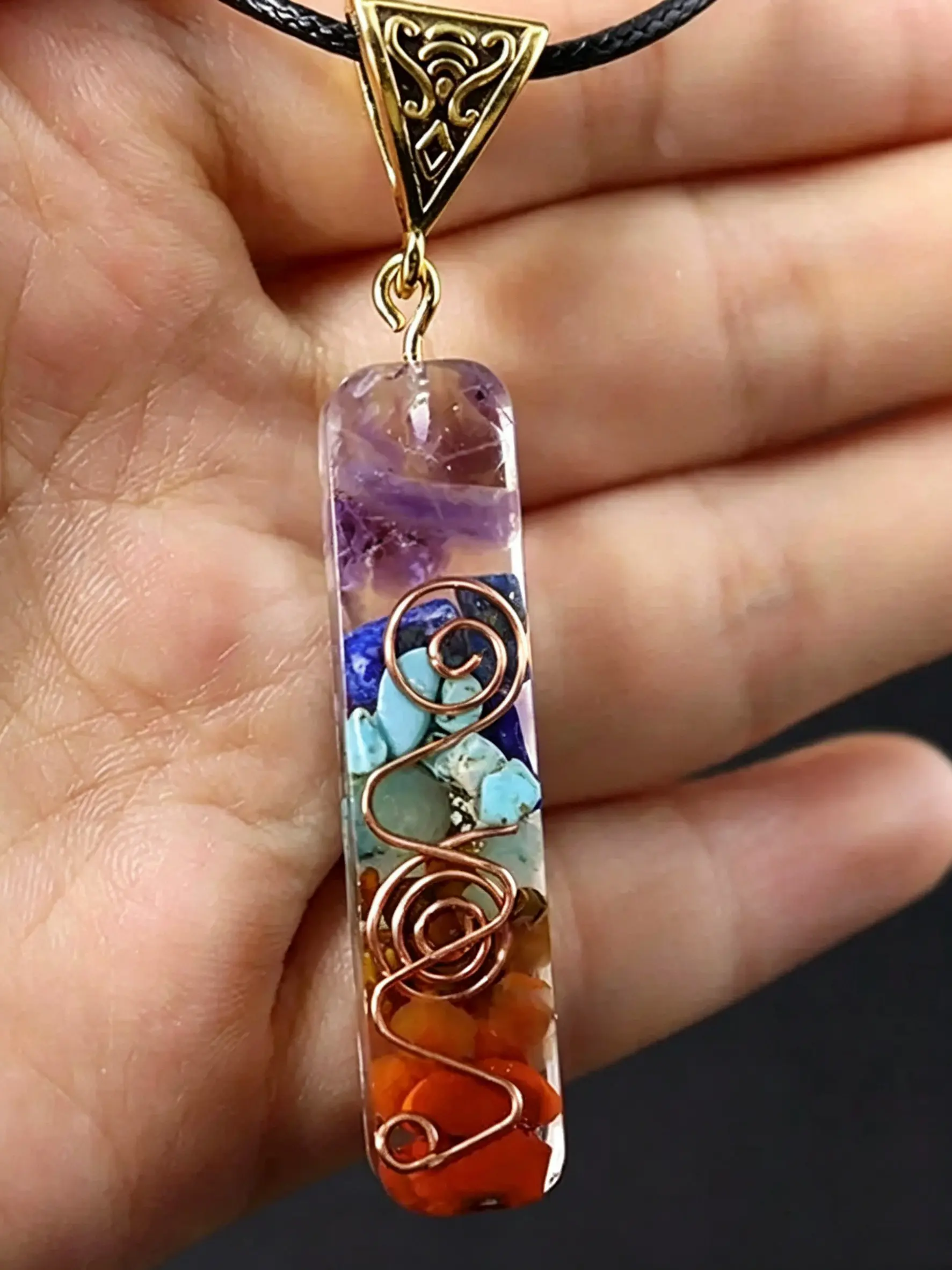 7 Chakra Crystal Pendant Necklace, Healing Pendants, Pendants Necklaces, Energy balancing jewelry, orgonite stone with copper spiral design, perfect for yoga, meditation, spiritual practices to balance energy, reduce stress, gift for men and women