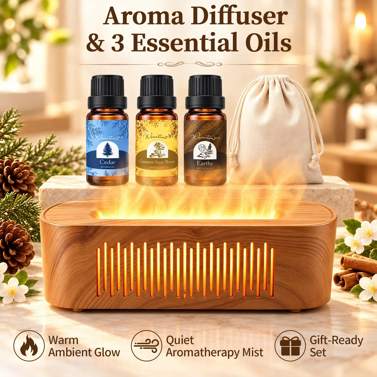 Aroma Diffuser Essential Oil Set with 3 Essential Oils, Wood Grain Aromatherapy Diffuser, 7-Color LED Lights, Remote Control, 3 Timer Settings, Auto Shut-Off, Home Decor for Bedroom & Living Room