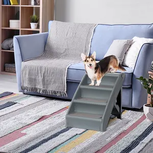 Pet Republic 4 Step Non-Slip Pet Stairs Foldable Steps for Small Dog W/Washable Carpets, Gray