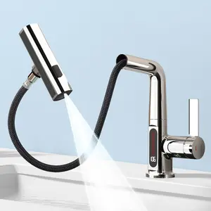 Single Hole Pull Down Waterfall Bathroom Faucet with LED Temperature Display, 360°-Swivel Pull Out Sprayer, 3 Spray Modes, Adjustable Flow Control