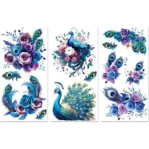 Rub on Transfer Decal Sticker for Furniture Craft Decor 6"x12" Colorful Peacock Feather and Flower, 3Pcs Waterproof UV DTF Transfer for Lingerie Chests Drawer Dresser Glass Porcelain