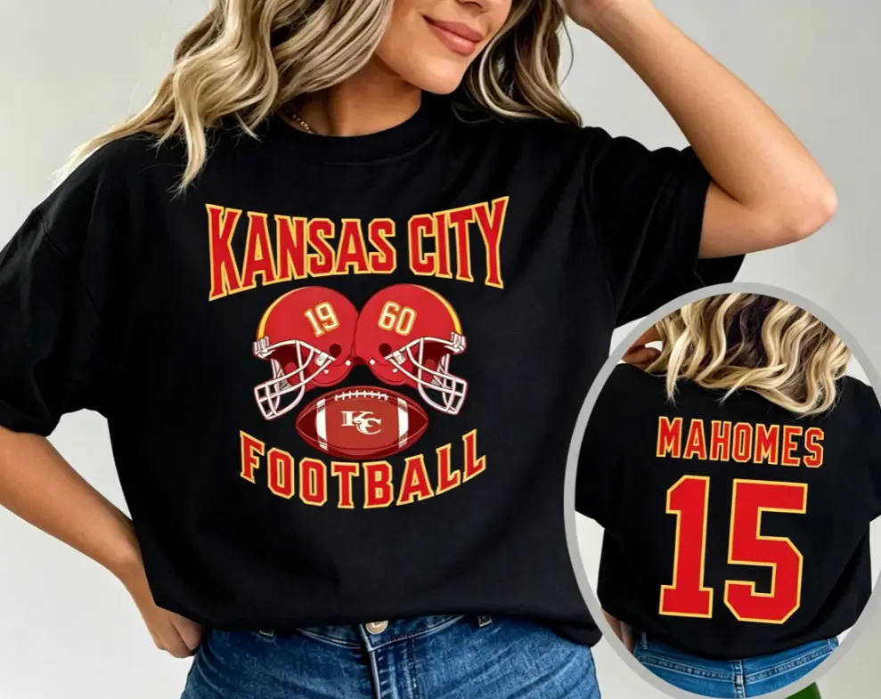 2 Sided Printing 15 Kansas City Football Shirt, Mahomes Fan Youth and Adult T-shirt Unisex Fan Tee