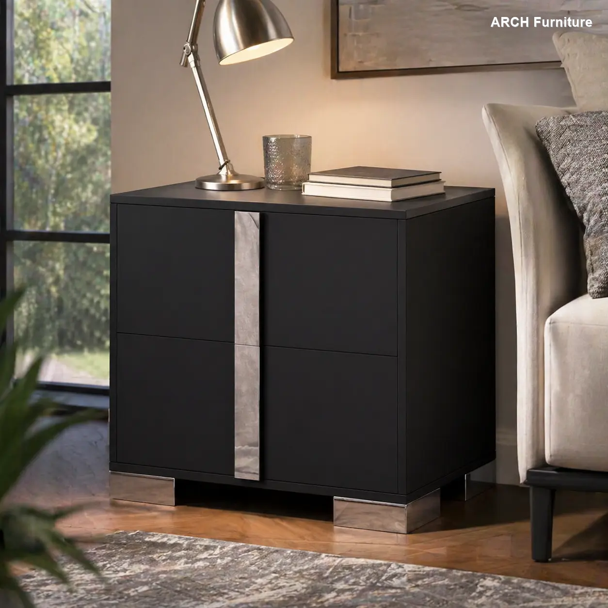 Modern Arch End Table with Drawers and Mirrored Handles, Elegant Nightstand with Sturdy Metal ft, Wood Storage Table for Bedroom, Living Room Home Decor, Black, Sturdy Metal Foot