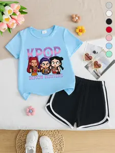 Summer Girls Casual Sporty Short Sleeve Shorts Set, Kpop Demon Hunters Cartoon Print, Loose Fit Comfortable, Daily Wear, Park Play, Home Leisure, Casual Outfit Set, Power Girl Outfit